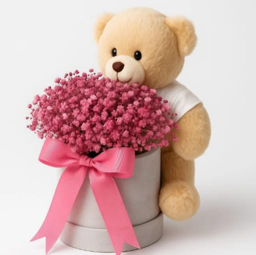 Pink Flowers In A Box With Teddy Bear0