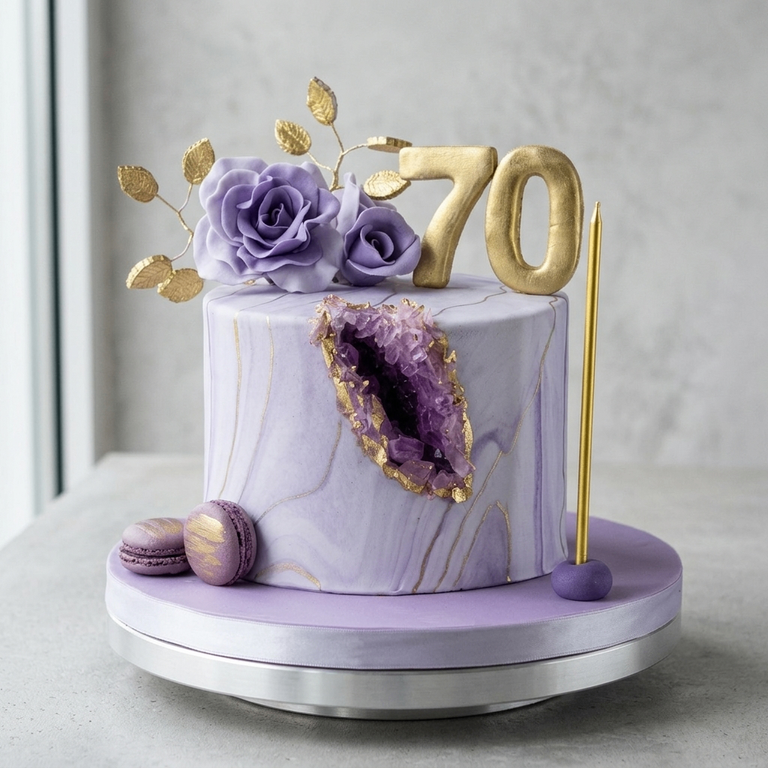 Elegant Amethyst Geode 70th Birthday Cake