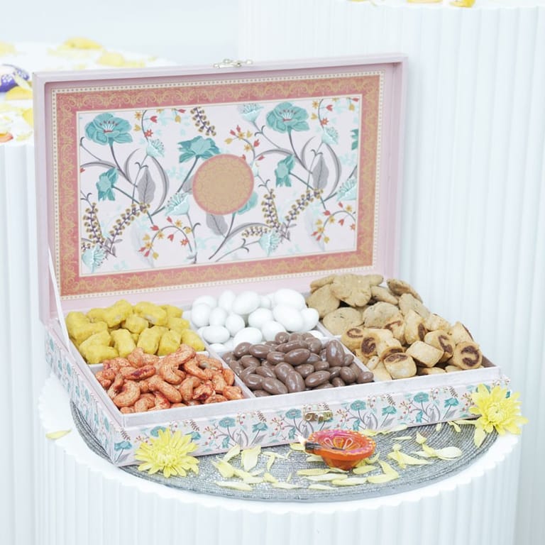Gourmet Snack & Sweet Hamper in Designer Floral Box - Image 1