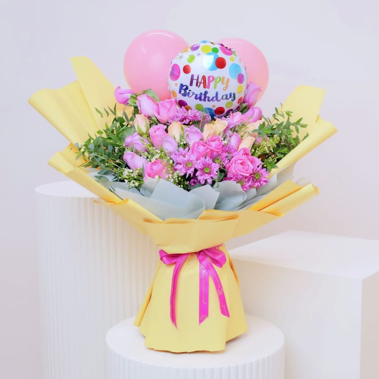 Pastel Flowers and Birthday Balloons - Image 1