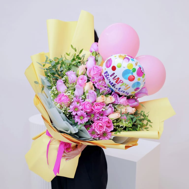 Pastel Flowers and Birthday Balloons - Image 2