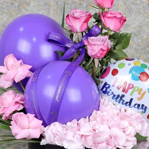 Mauve Birthday Balloon and Flower
