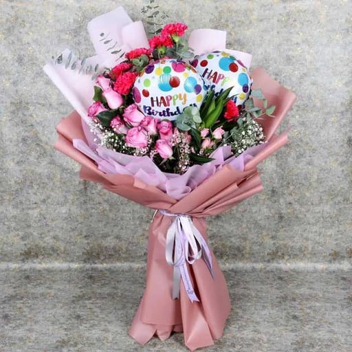 Mauve Flowers and Birthday Balloon