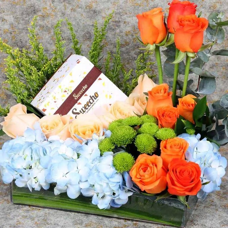 Sky Flowers and Chocolate Arrangement - Image 1