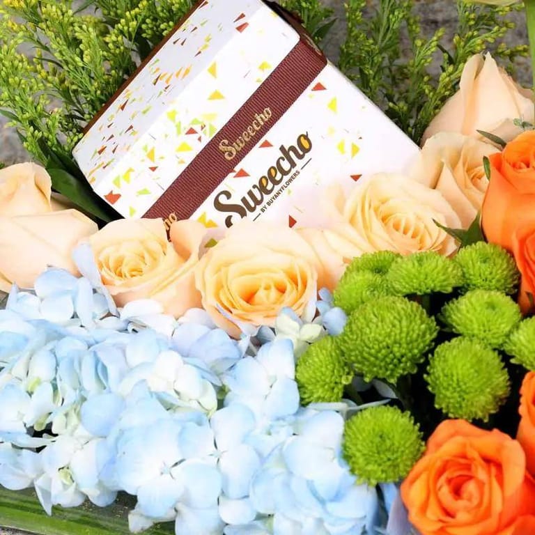 Sky Flowers and Chocolate Arrangement - Image 2