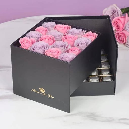 Purple and Pink Roses with Chocolates
