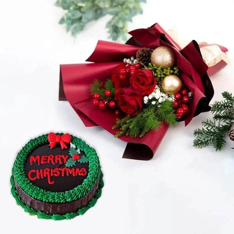 Christmas Cake and Flower Combo - Image 1