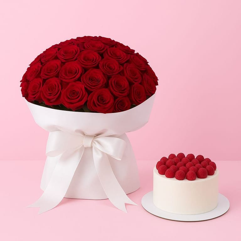 Raspberry Cake & Flowers - Image 1