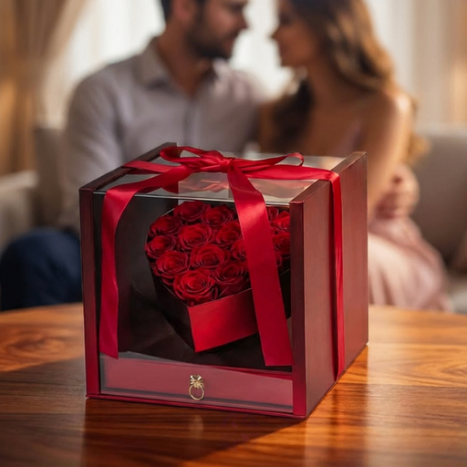 Acrylic Square Gift Box with Rose Heart