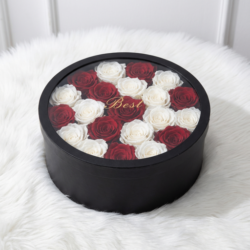 Red and White Rose in Black Round Box