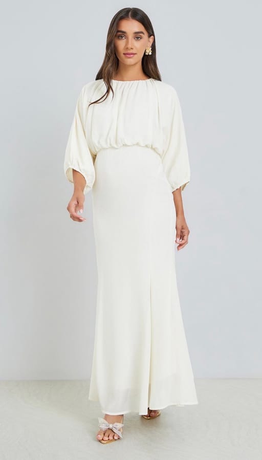 Gathered Blouson Sleeve Maxi Dress in Ivory