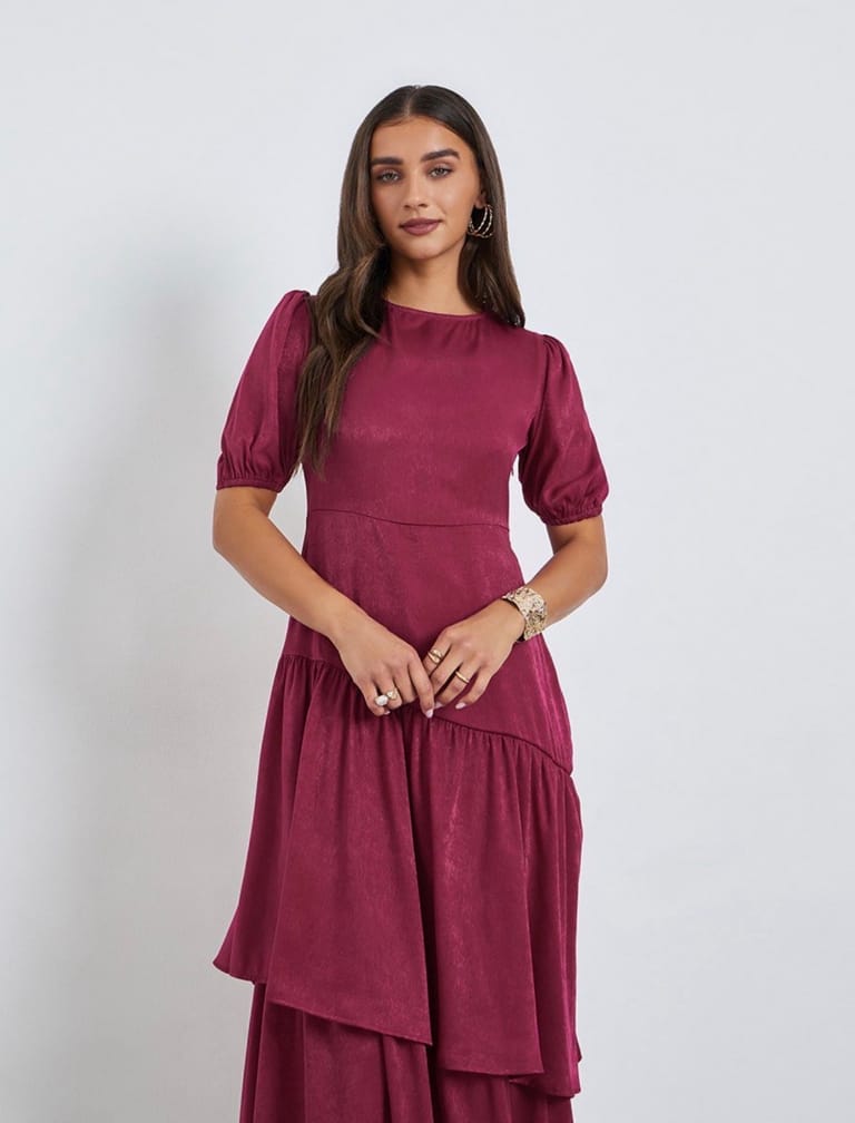 Urbane Maroon Color Puff Sleeve Georgette Maxi Dress