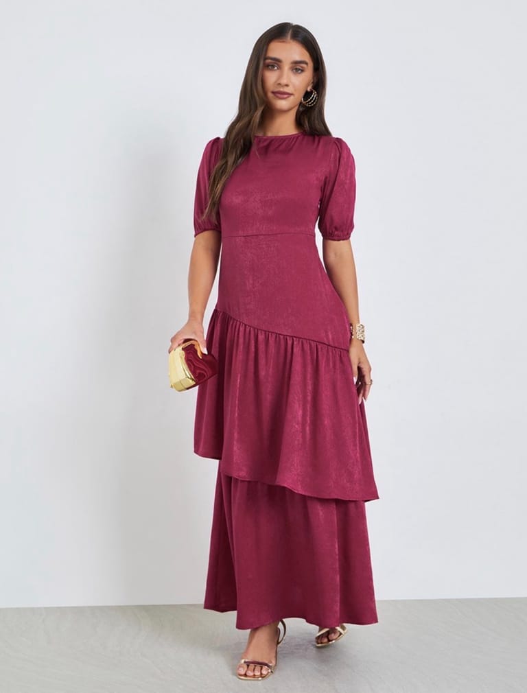 Urbane Maroon Color Puff Sleeve Georgette Maxi Dress - Image 2