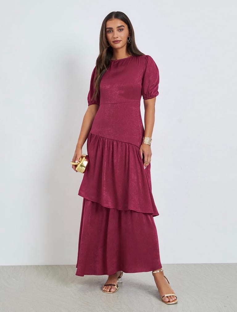 Urbane Maroon Color Puff Sleeve Georgette Maxi Dress - Image 3