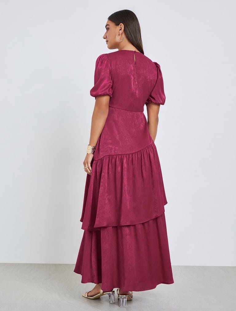 Urbane Maroon Color Puff Sleeve Georgette Maxi Dress - Image 4