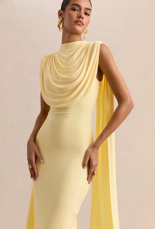 Butter Yellow..Draped Cowl Neck Cape Gown