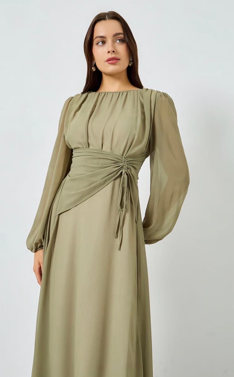 Olive Khaki.Gathered Neck Balloon Sleeve Dress