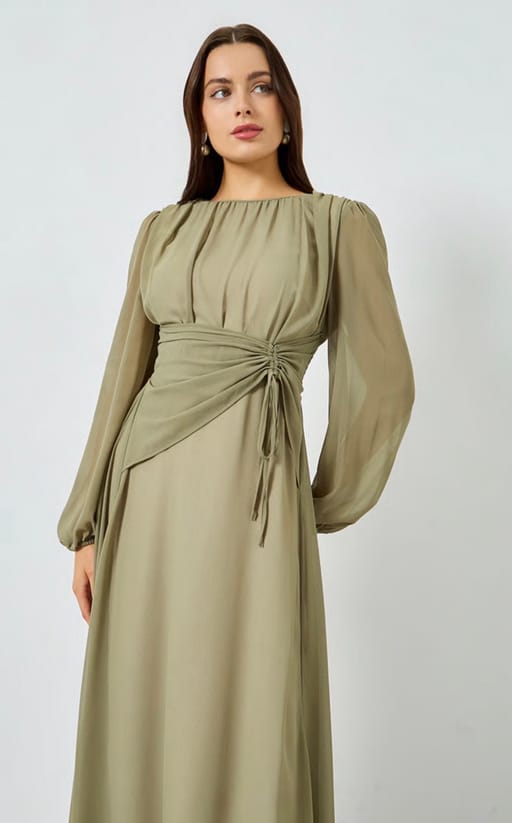 Olive Khaki.Gathered Neck Balloon Sleeve Dress