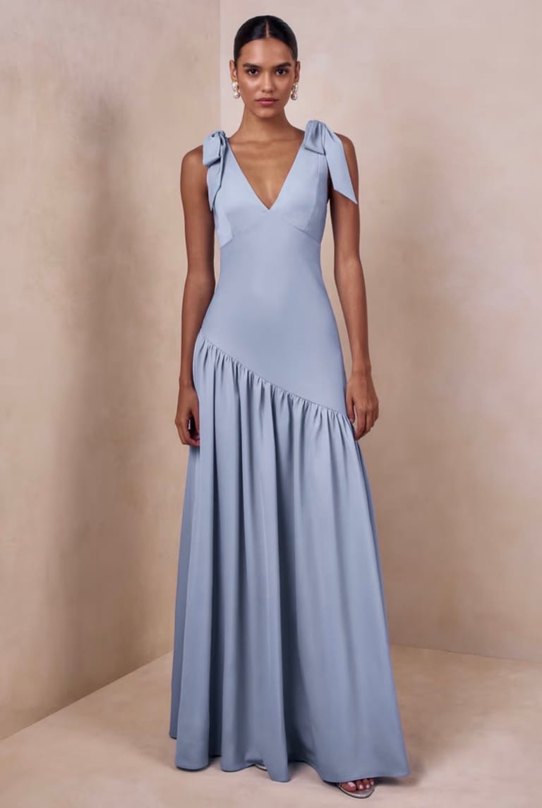 Dusty Blue.Bow Shoulder Asymmetric Maxi Dress - Image 1