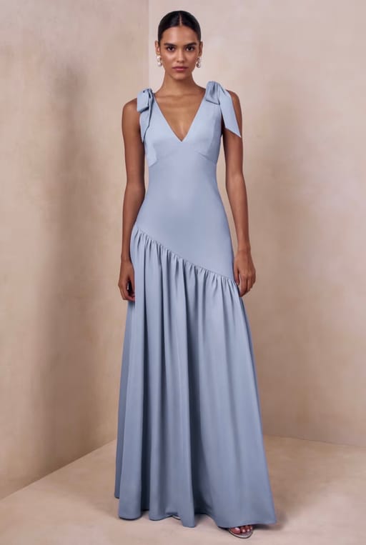 Dusty Blue.Bow Shoulder Asymmetric Maxi Dress