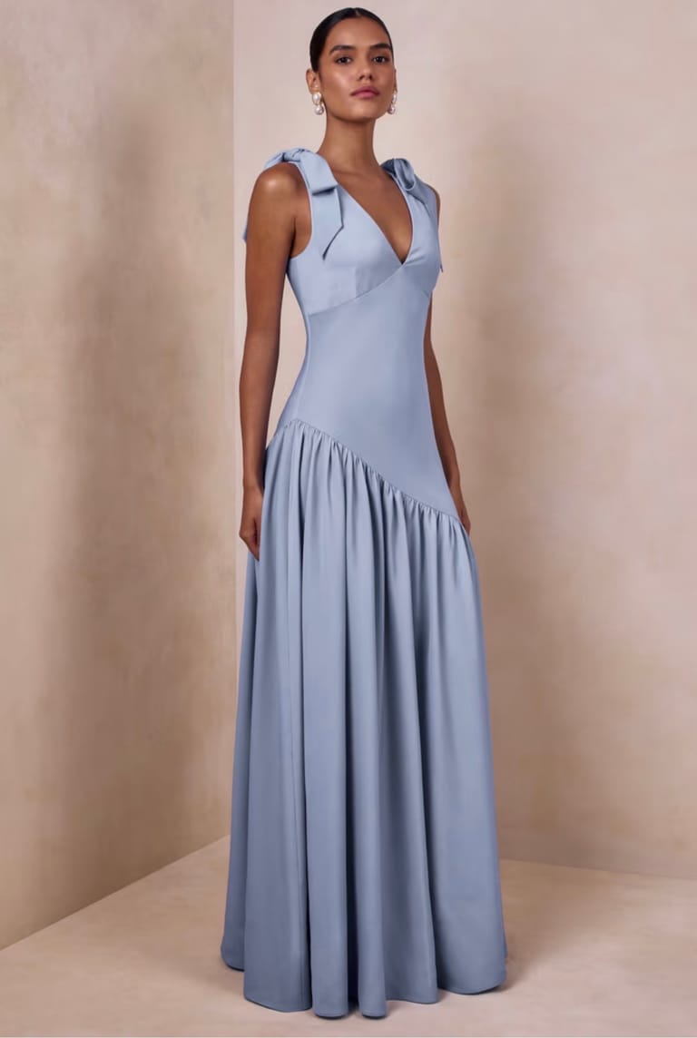 Dusty Blue.Bow Shoulder Asymmetric Maxi Dress - Image 2