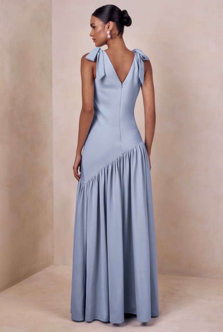 Dusty Blue.Bow Shoulder Asymmetric Maxi Dress - Image 3