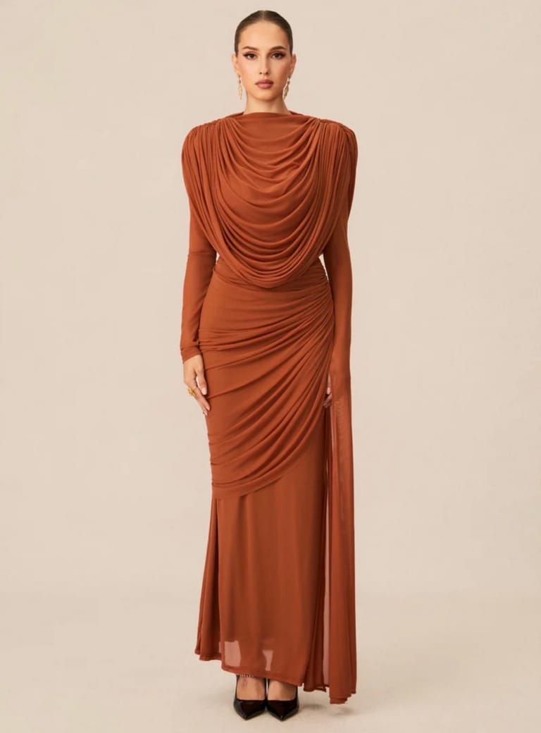 Rust Brown.Cowl Drape Ruched Evening Gown - Image 1