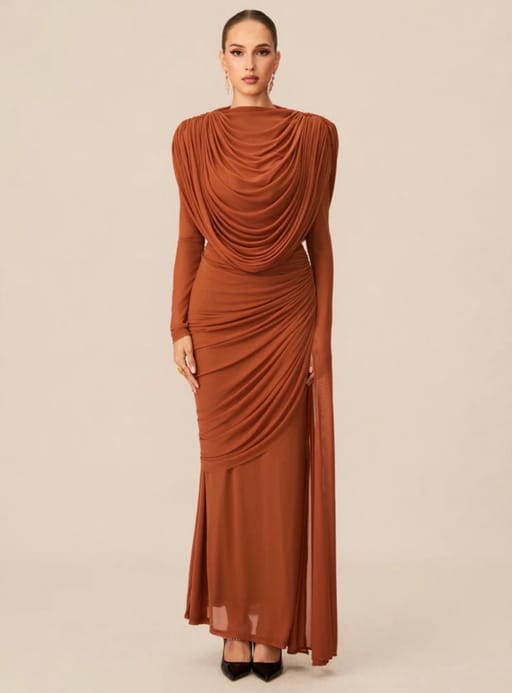 Rust Brown.Cowl Drape Ruched Evening Gown