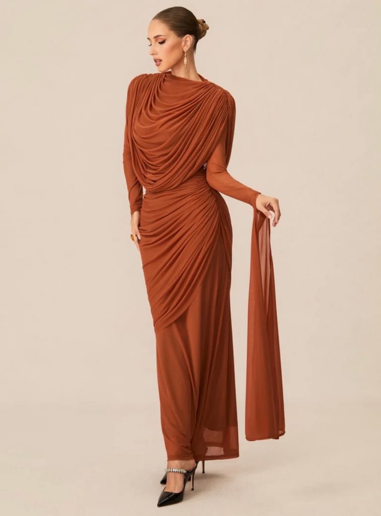 Rust Brown.Cowl Drape Ruched Evening Gown - Image 2