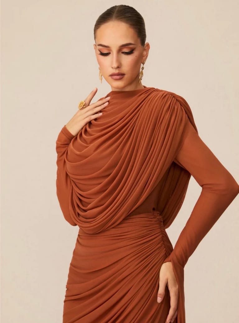 Rust Brown.Cowl Drape Ruched Evening Gown - Image 3