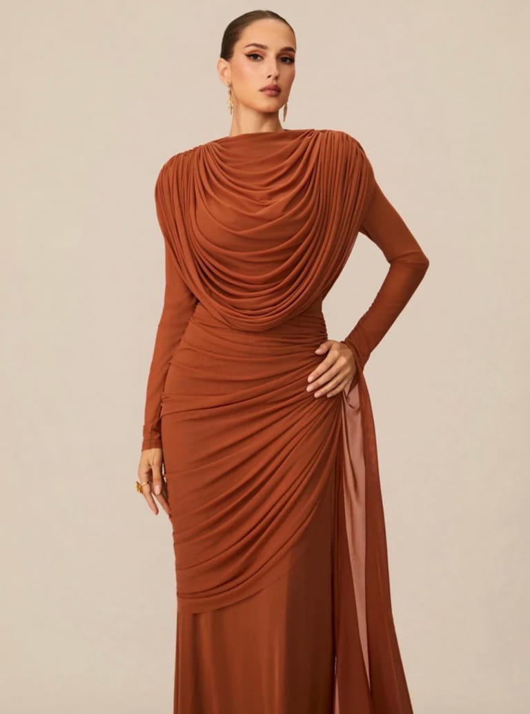 Rust Brown.Cowl Drape Ruched Evening Gown - Image 6
