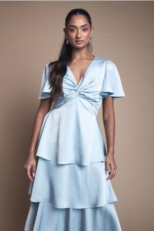 Pastel Blue..Flutter Sleeve Ruffle Layer Gown