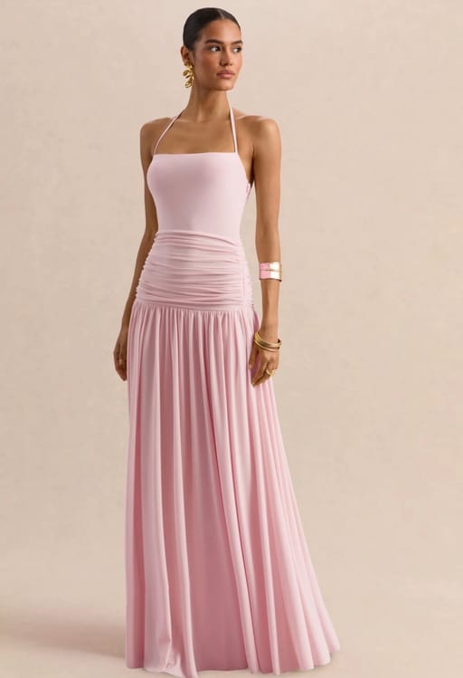 Pink Square-Neck Maxi Dress With Ruched-Detailing