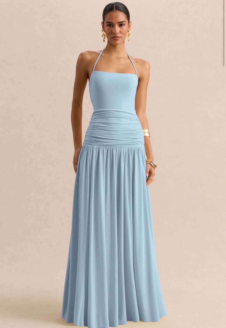 Powder Blue Square-Neck Maxi Dress With Ruched-Detailing - Image 1