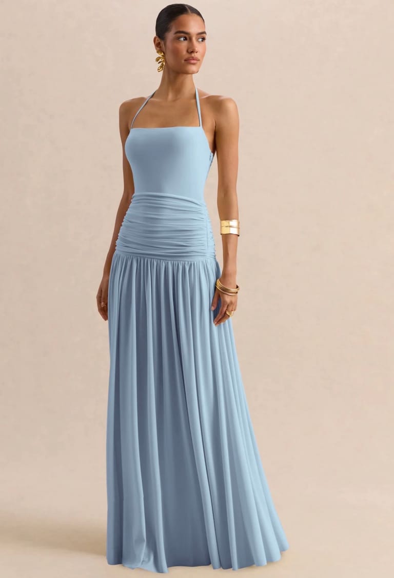 Powder Blue Square-Neck Maxi Dress With Ruched-Detailing - Image 5