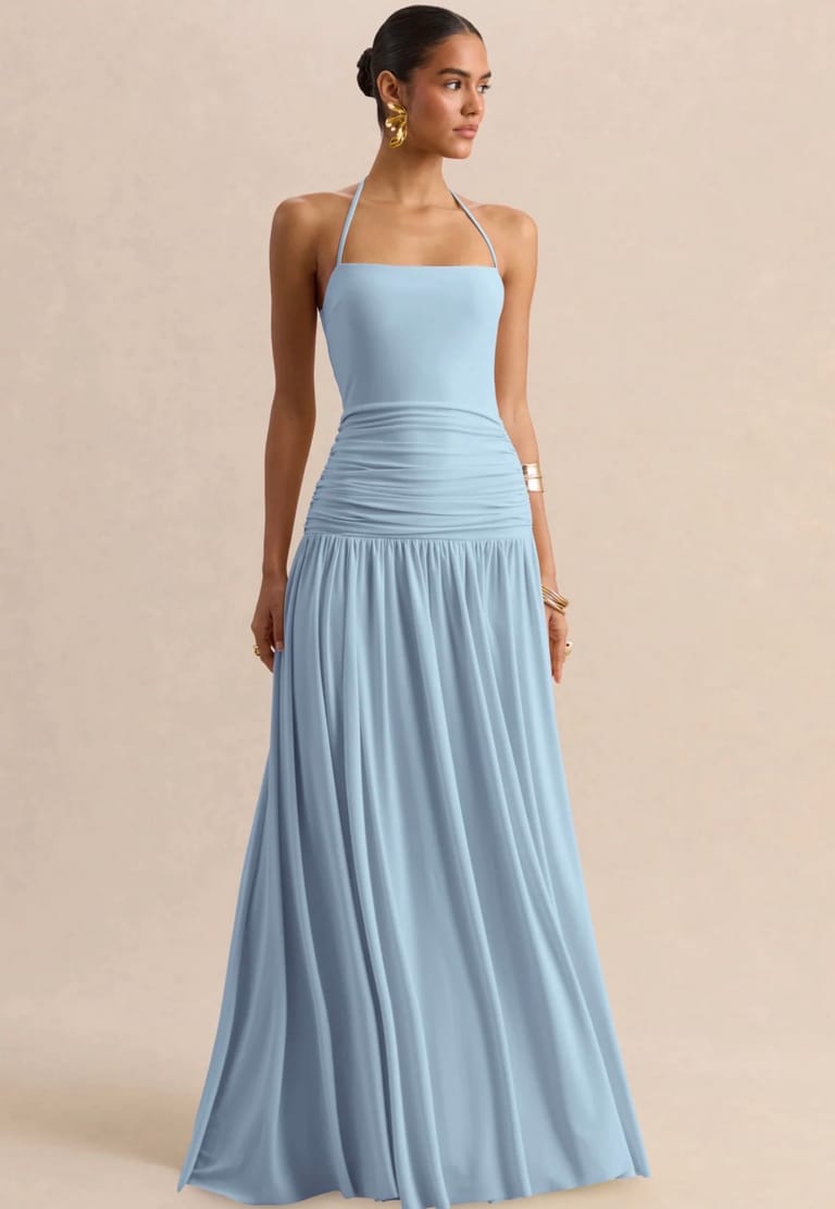 Powder Blue Square-Neck Maxi Dress With Ruched-Detailing - Image 6