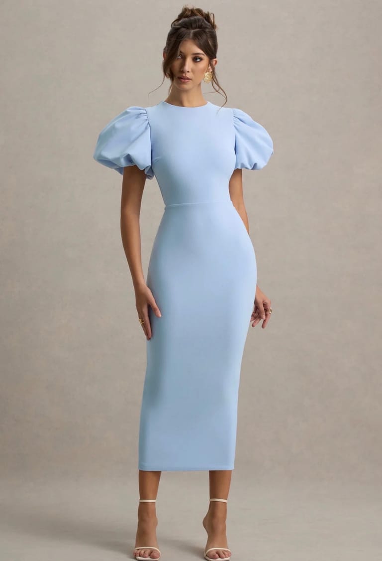 Powder Blue Puff-Sleeve Long Dress - Image 1