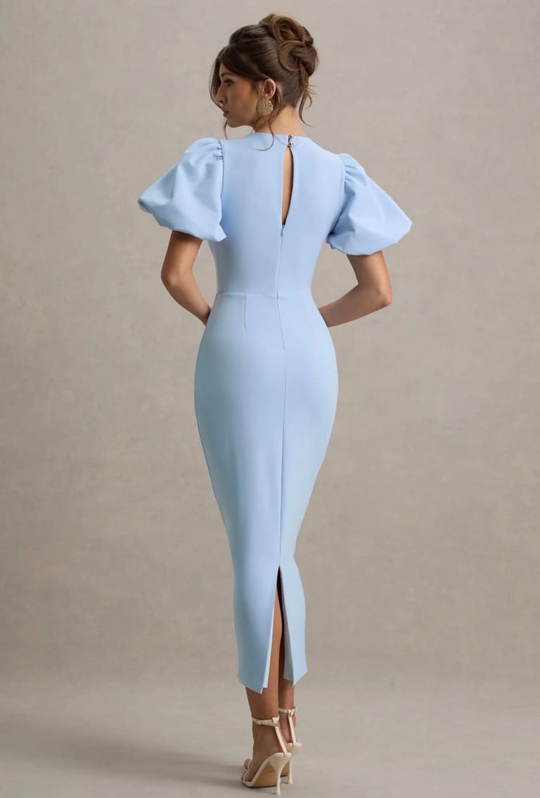 Powder Blue Puff-Sleeve Long Dress - Image 3
