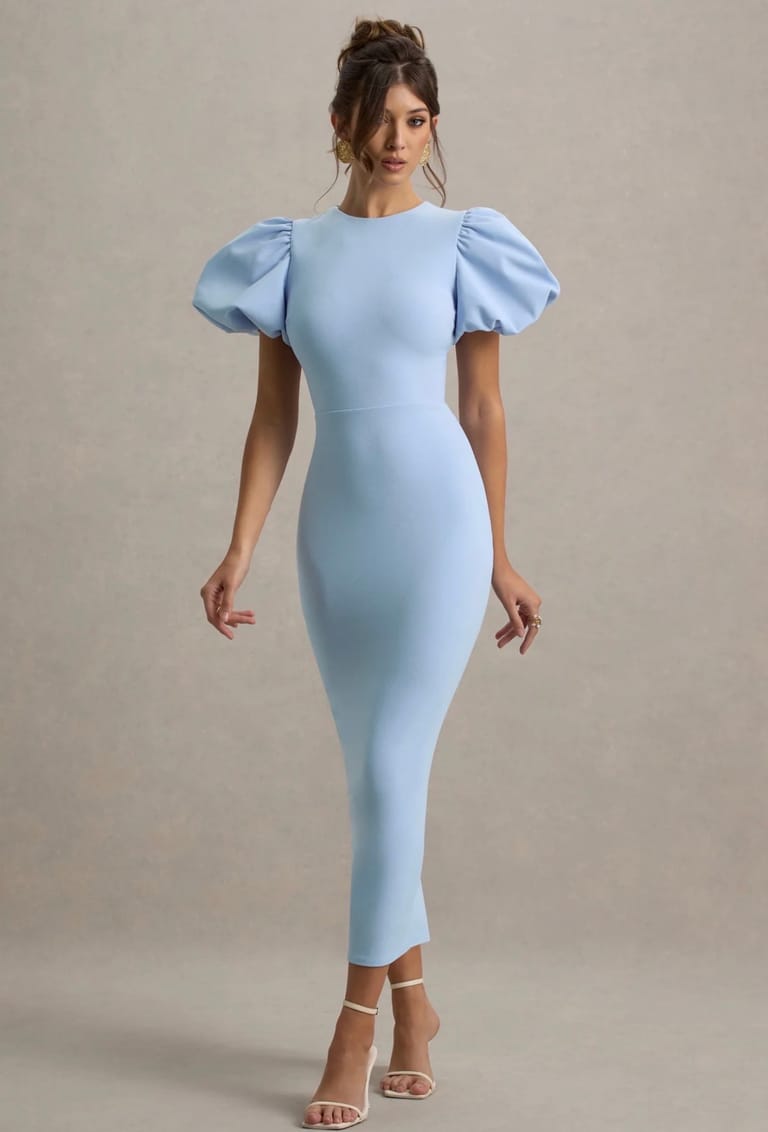Powder Blue Puff-Sleeve Long Dress - Image 5