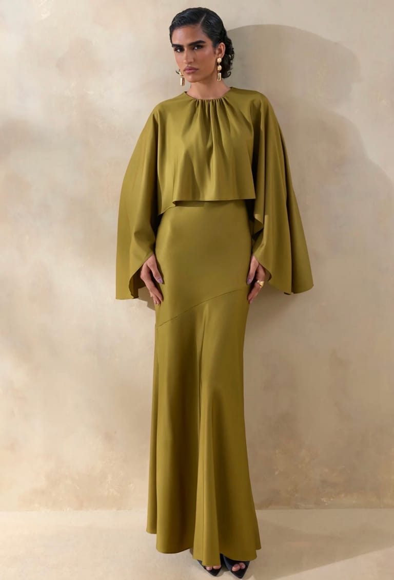 Olive Satin Round-Neck Maxi Dress With Cape-Sleeves