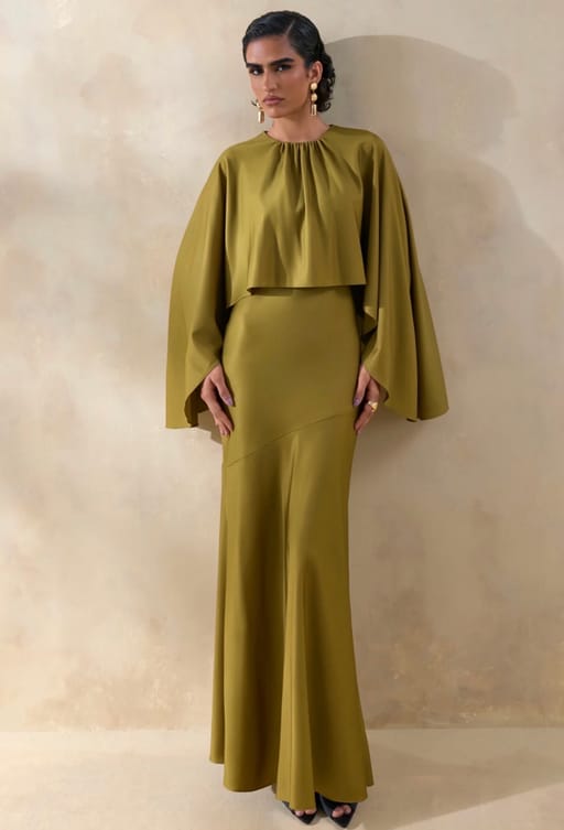 Olive Satin Round-Neck Maxi Dress With Cape-Sleeves