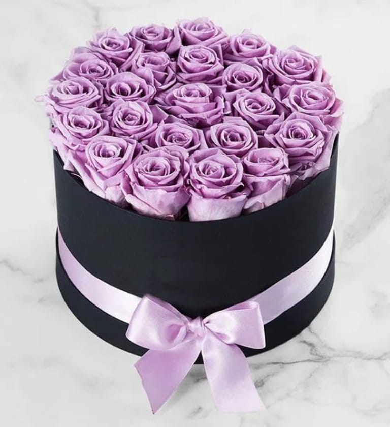PURPLE ROSES IN ROUND BOX - Image 1
