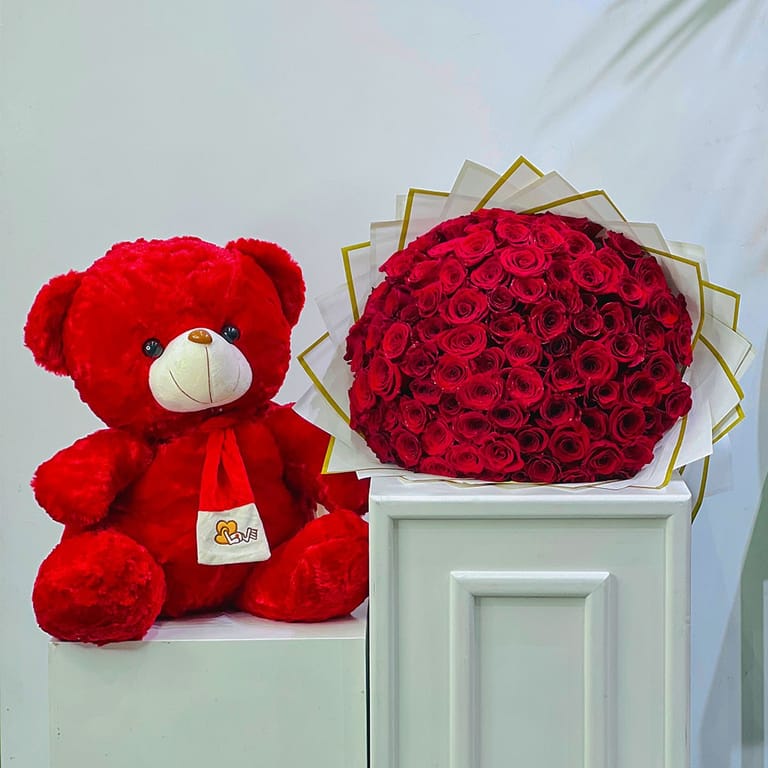 100 Red Roses | 60cm Teddy Combo - Image 1