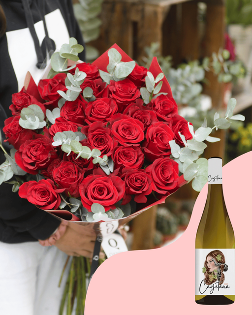 24 Rosas Rojas con Vino - Blanco
