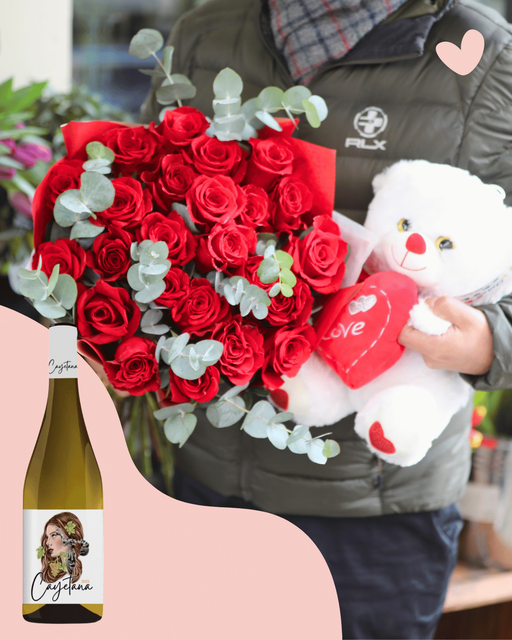 24 Rosas Rojas con Peluche y Vino - Blanco