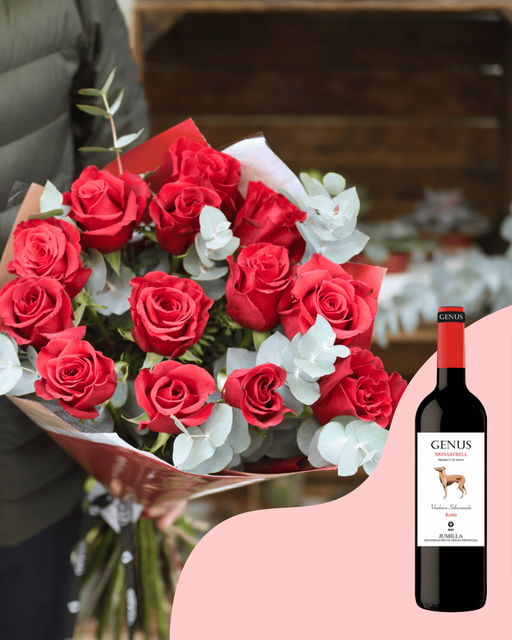 12 Rosas Rojas con Vino - Tinto