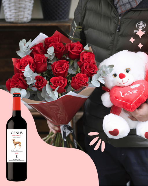 12 Rosas Rojas con Peluche y Vino - Tinto
