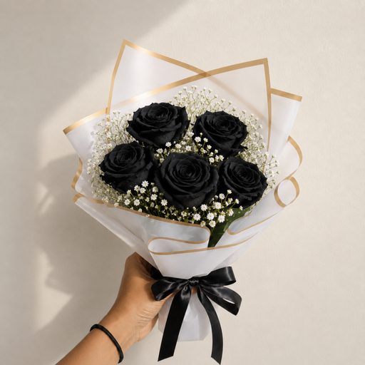 5 Preserved Black Rose Handy Bouquet with Gypsy 