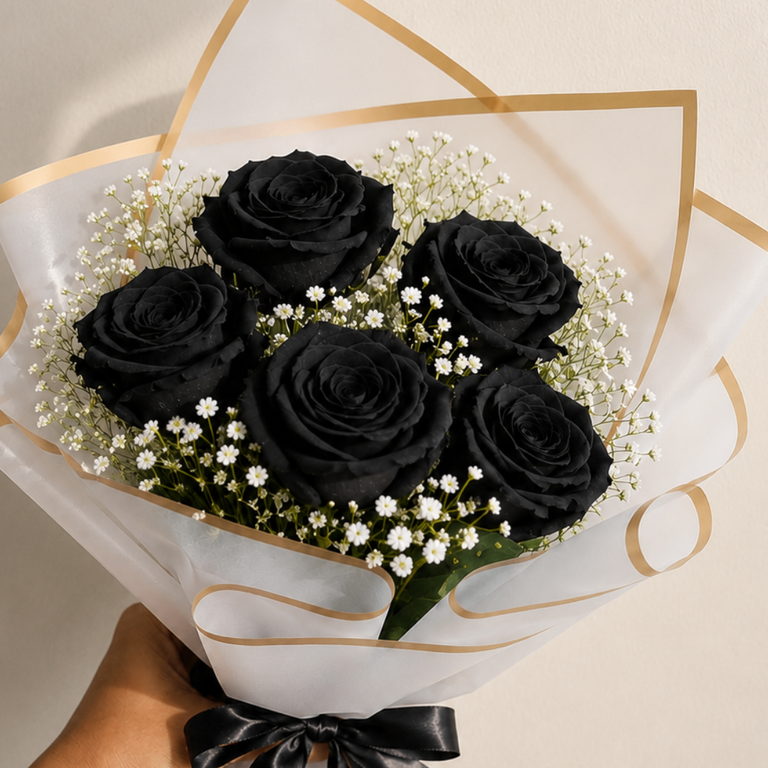 5 Preserved Black Rose Handy Bouquet with Gypsy - Image 3
