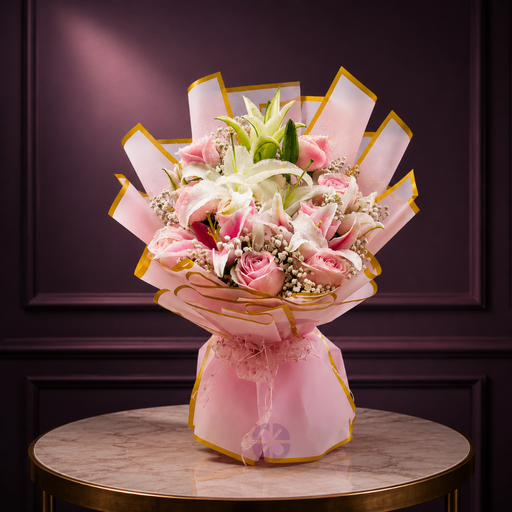 Premium Pink & White Lily with Pink Rose Stand Bouquet